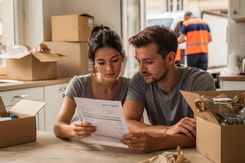 Couple examinant un devis de déménagement au milieu de cartons