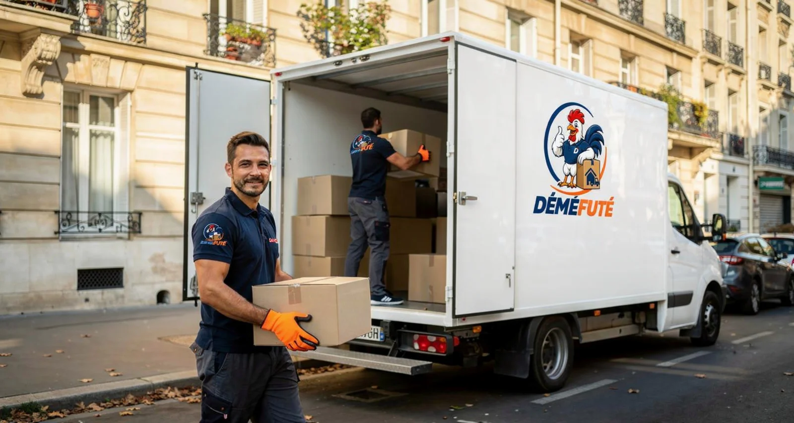 Déménageuse souriante portant des cartons